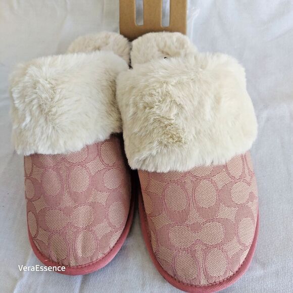 Coach Ziva Slippers Signature Jacquard Faux Fur Size 10B Pink NWT - Picture 2 of 8